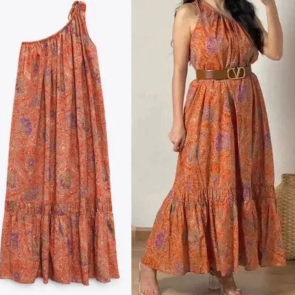 Zara Dress Womens L Orange Paisley Sleeveless One Shoulder Long Maxi Pockets-EUC
